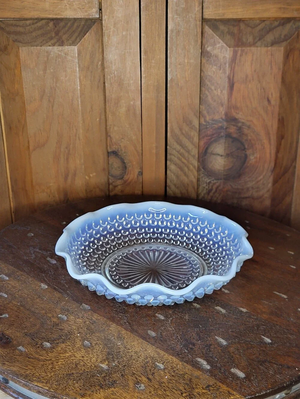 Opalescent Blue Hobnail Glass Dish